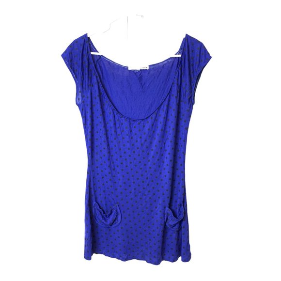 Almost Famous Tunic Womens Blue with Black Polka Dots M Relaxed Fit 100% Rayon - Picture 2 of 3